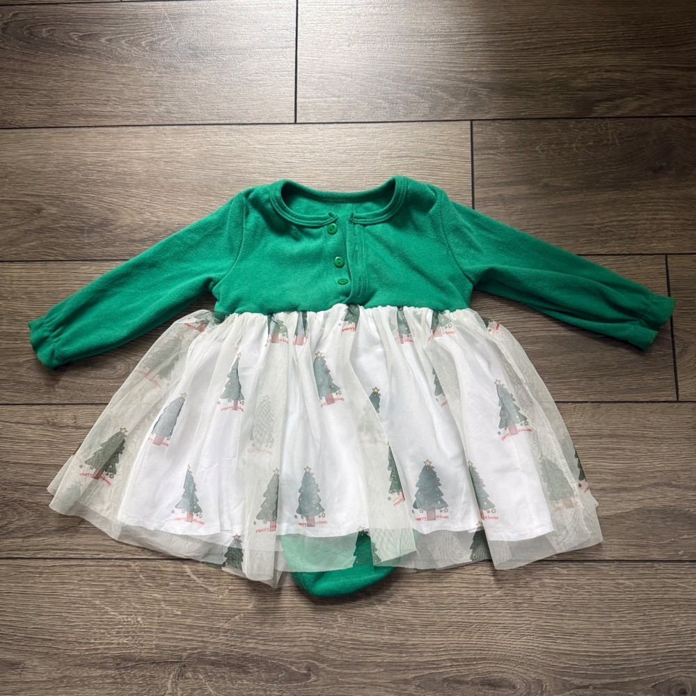 Green Christmas Tree Tutu Bodysuit Dress Long Sleeve Holiday 9-12 months